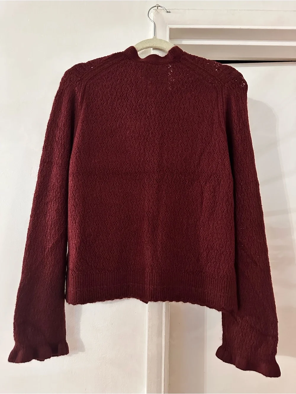 Joie Maroon Ruffle-Trim Knit Cardigan